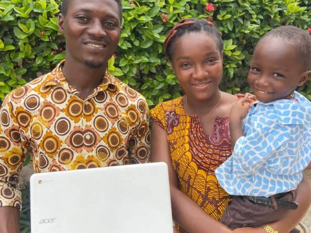 SREF laptop handoff — a beneficiary family